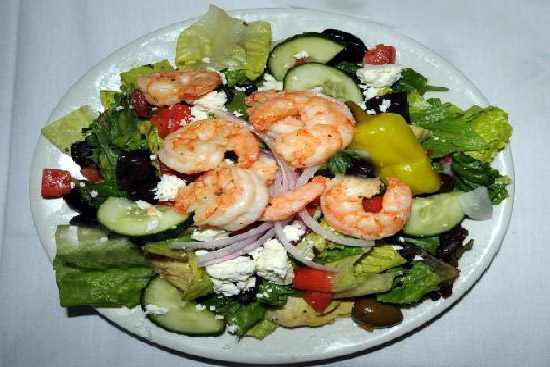 Greek salad with grilled shrimp