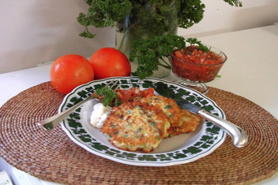 Corn and jalapeno pancakes with tomato salsa