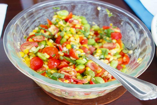 Toasted corn with cherry tomato and edamame salad